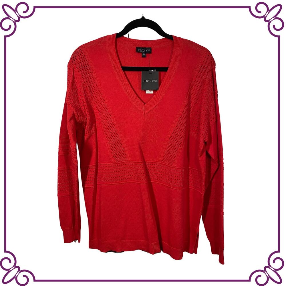 Topshop V Neck Red Tunic Lightweight Long Sleeve Sweater Size 8 NEW